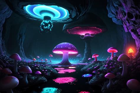 Premium AI Image | A dark night with mushrooms and a mushroom on the ground.