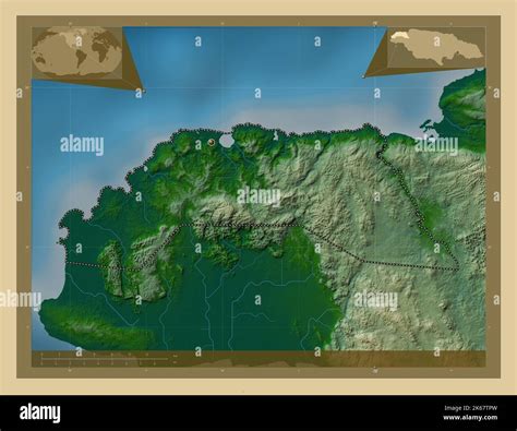 Hanover, parish of Jamaica. Colored elevation map with lakes and rivers. Corner auxiliary ...