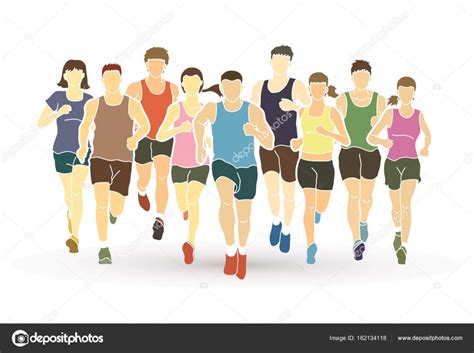 Marathon runners, Group of people running, Men and women running Stock ...