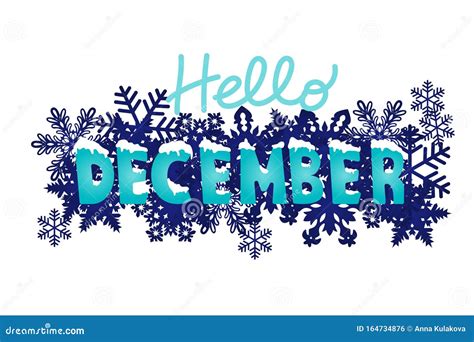 Hello December Winter Font with White Snow on Top and Snowflakes Around ...