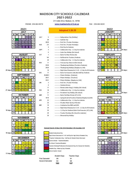 Madison City Schools Calendar 2021-2022 in PDF