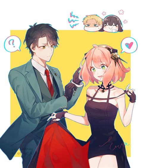 Safebooru - 2boys 2girls ? alternate costume anya (spy x family) bangs black dress black gloves ...