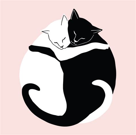 Black and White illustration, pink background, two cats hugging. A2 folded notecard. Art by Cait ...