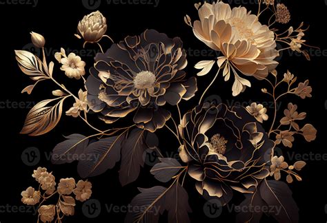 Photo golden flowers on black background elegant floral wallpaper ...