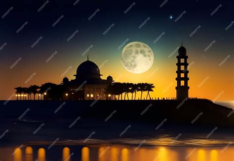 Premium AI Image | Night sky with full moon mosque Temple Mount shining worm colored symmetrical ...