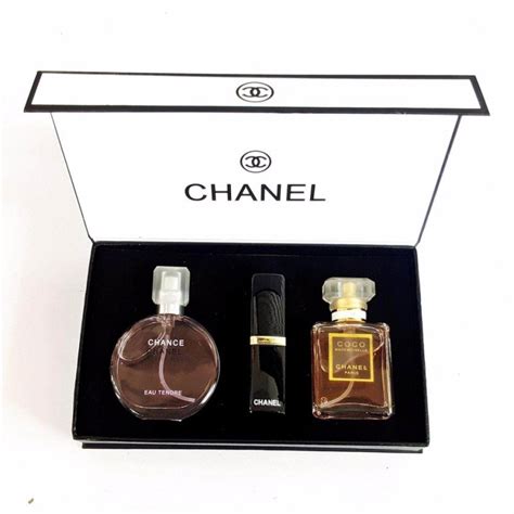 Chanel Gift Set 3 In 1 with Chance Chanel 15ml Perfume,Coco Madmosile 15ml Perfume And Lipstick