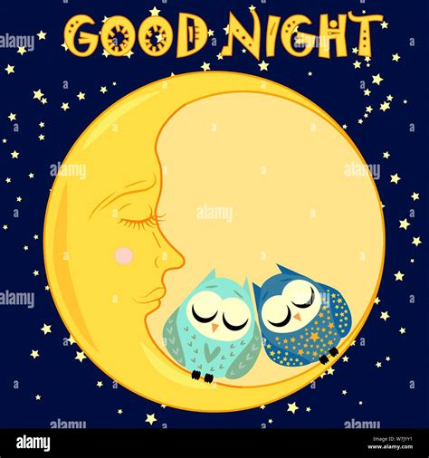 Good night. A postcard with a dozing crescent, two lovely cartoon owls and text Stock Vector ...