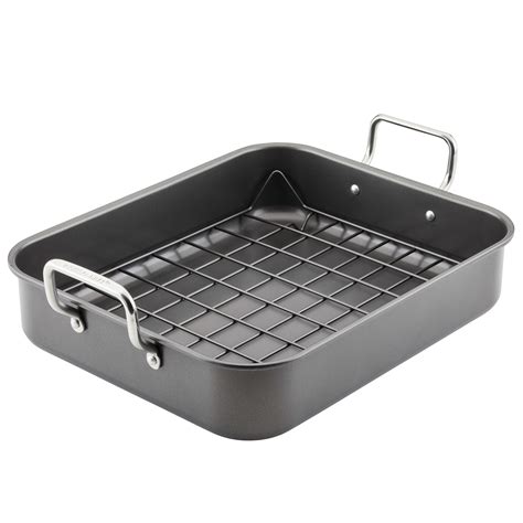 Rachael Ray Bakeware Nonstick Roaster/Roasting Pan with Reversible Rack, 16.5 Inch x 13.5 Inch ...