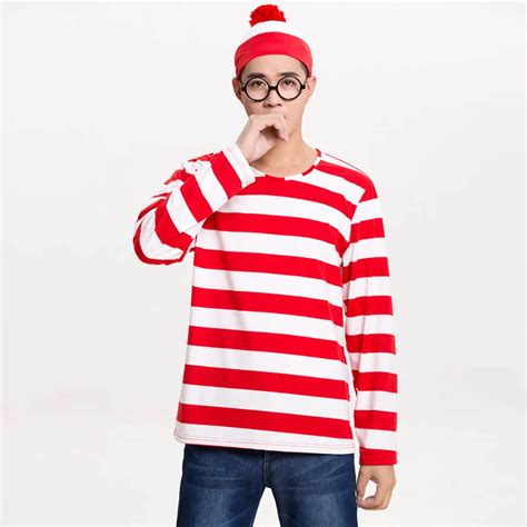 Wally is Where Costume Unisex Waldo Cosplay Fancy Dress Costume Red and White Stripes T shirt ...