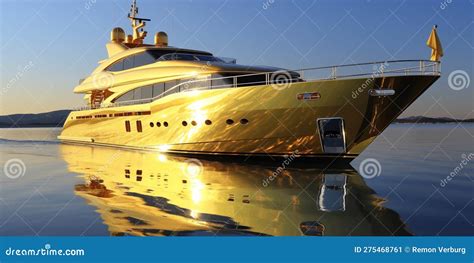 Golden Yacht. Gold Super Yacht Sailing Along the Coast. Luxurious ...