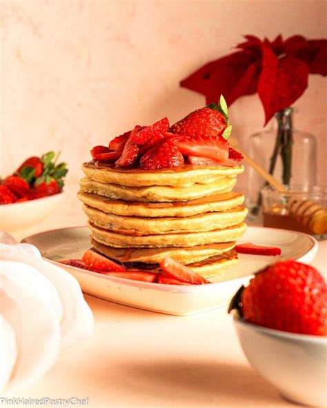 Fluffy Banana American Style Pancakes Recipe with Fresh Strawberries - Pink Haired Pastry Chef