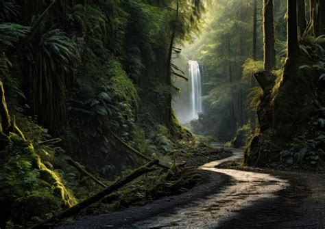 Premium AI Image | A forest road leading to a hidden waterfall