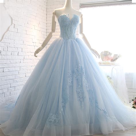 Vintage 2017 Baby Blue Lace Wedding Dresses Ball Gown for Brides Sexy Strapless Tulle Wedding ...