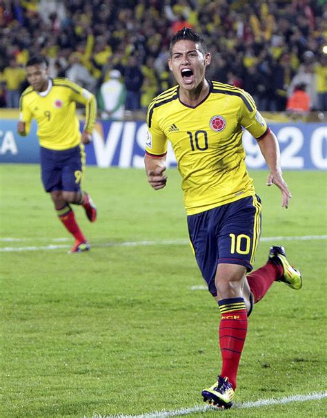 James Rodriguez of Colombia celebrates a scored goal against France ...