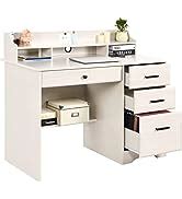 Amazon.com: White Desk with Drawers and Storage, Home Office Desk Computer Desk with 4 Drawers ...