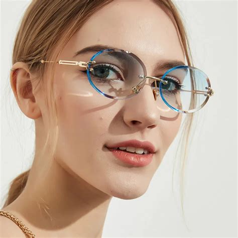 Vintage Rimless Tinted Oval Sunglasses Women's Round Glasses Gradient ...