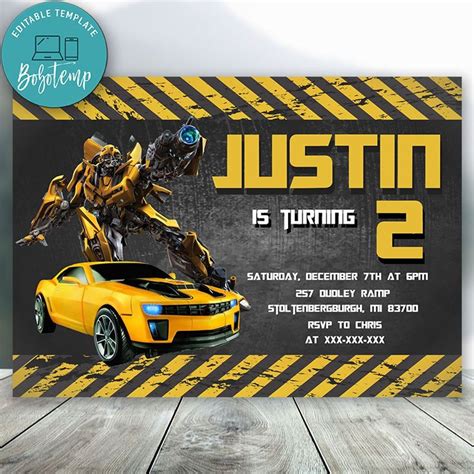 Editable Bumble Bee Transformers Party Invitation Digital File | Bobotemp