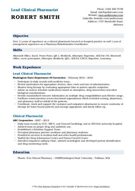 Clinical Pharmacist Resume Samples | QwikResume