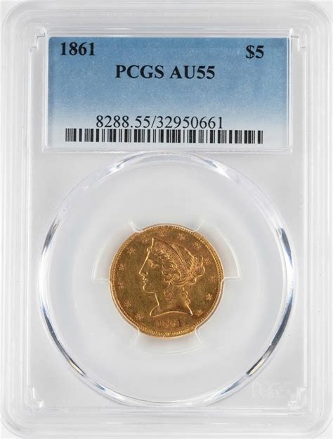 1861 $5 Liberty Head Half Eagle Gold Coin PCGS AU55