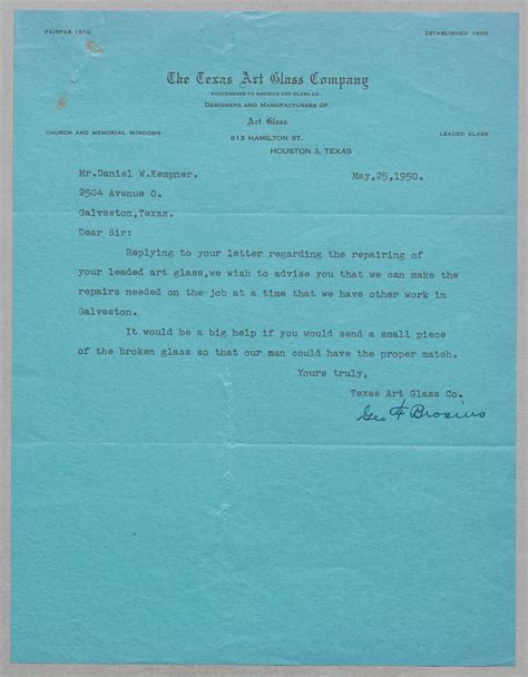 [Letter from The Texas Art Glass Company to D. W. Kempner, May 25, 1950] - The Portal to Texas ...