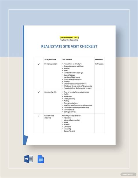 Real Estate Site Visit Checklist Template in Google Docs, Word - Download | Template.net