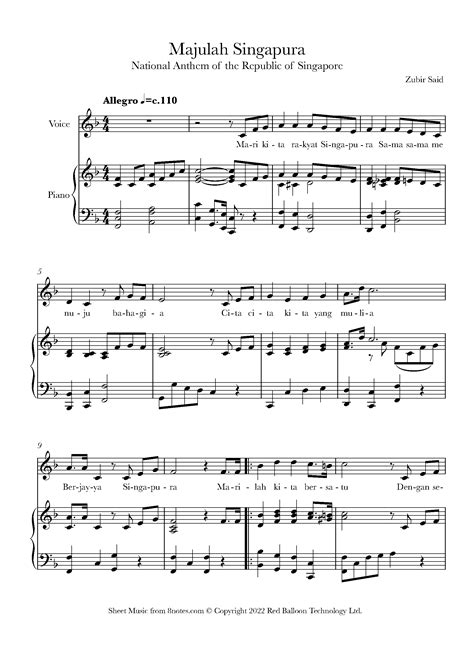 Majulah Singapura (Singapore National Anthem) Sheet music for Voice ...