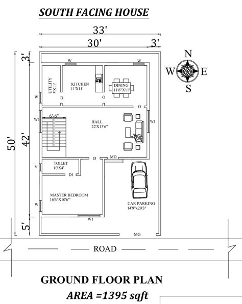 33'x50' South facing Ground Floor House Plan As Per Vastu Shastra.,Autocad DWG and PDF file ...