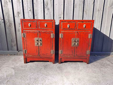 Pair Of Solid Wood Bedside Table - Chinese style - Red - Furniture ...