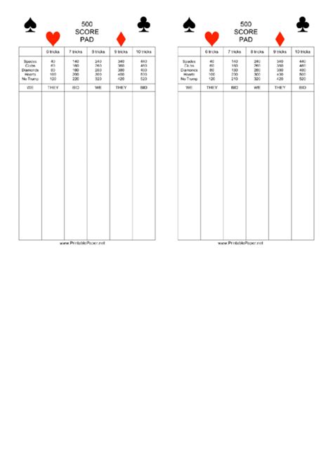 Free Printable 500 Card Game Score Sheets - Printable Templates