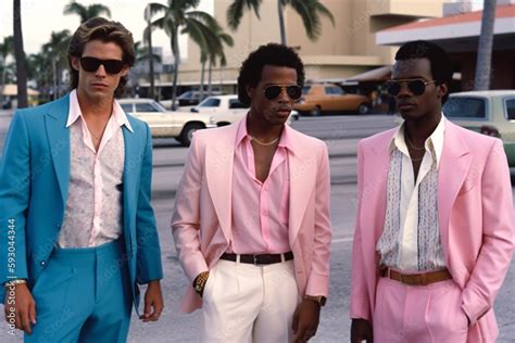 Group of retro wave vice Miami fashioned men in sunglasses. Sunset ...