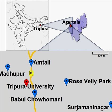 Map of India showing study location of Agartala, Tripura, and Google ...