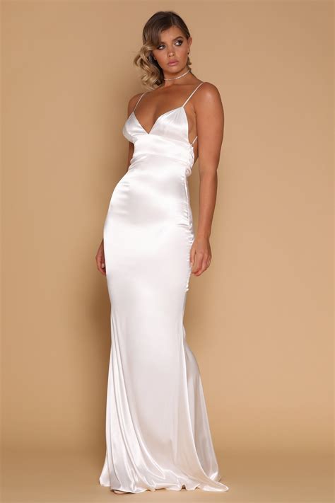 Luna Satin Maxi Dress - White - MESHKI | Sexy satin dress, Maxi dress ...