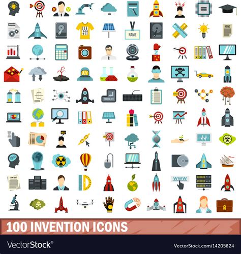 100 invention icons set flat style Royalty Free Vector Image