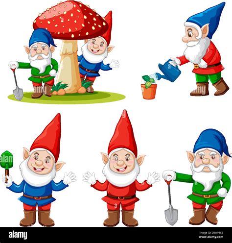 Set of garden gnome cartoon character on white background illustration ...