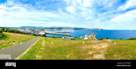 Panorama of Douglas and bay with the ferry terminal and Promenade, Isle of Man, British Isles ...