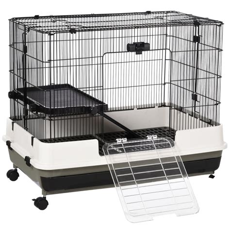 PawHut 2 Tier Rolling Small Animal Rabbit Cage Guinea Pig Chinchillas ...