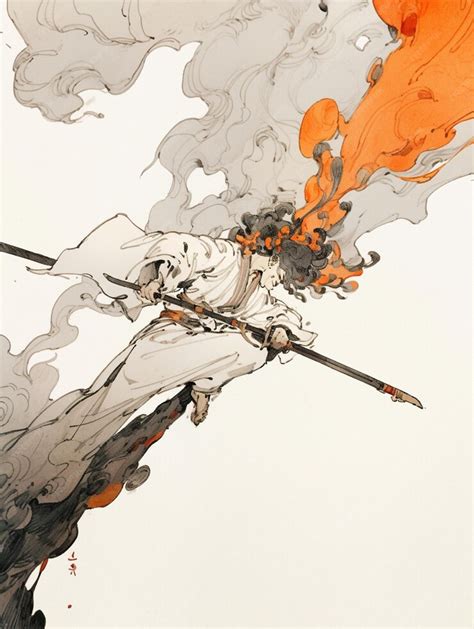 Premium AI Image | A drawing of a person with a sword and a fire in the ...