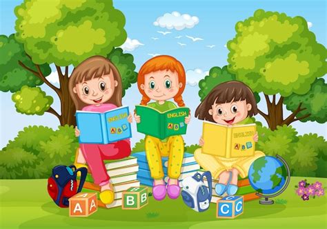 Free Vector | Children reading books in park background