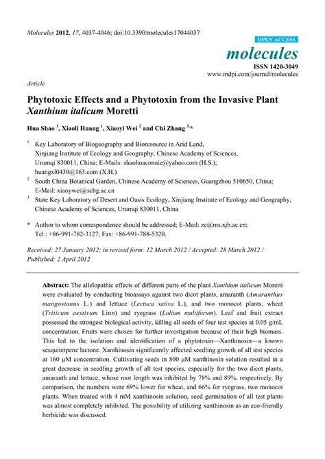 (PDF) Phytotoxic Effects and a Phytotoxin from the Invasive Plant Xanthium italicum Moretti