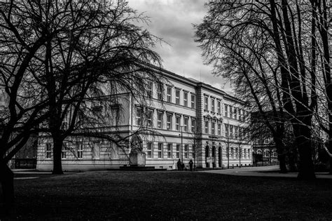 Black and white photo of the school building, among the trees in Krnov ...