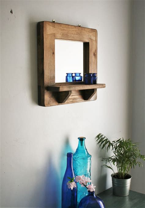 Mirror With Shelf, Chunky Natural Wooden Frame Display Shelf, Small ...