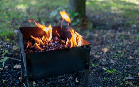 The Fire is Burning in the Grill, You Can See Hot Coal Stock Photo ...