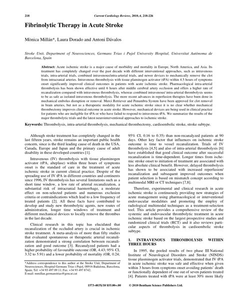 (PDF) Fibrinolytic Therapy in Acute Stroke