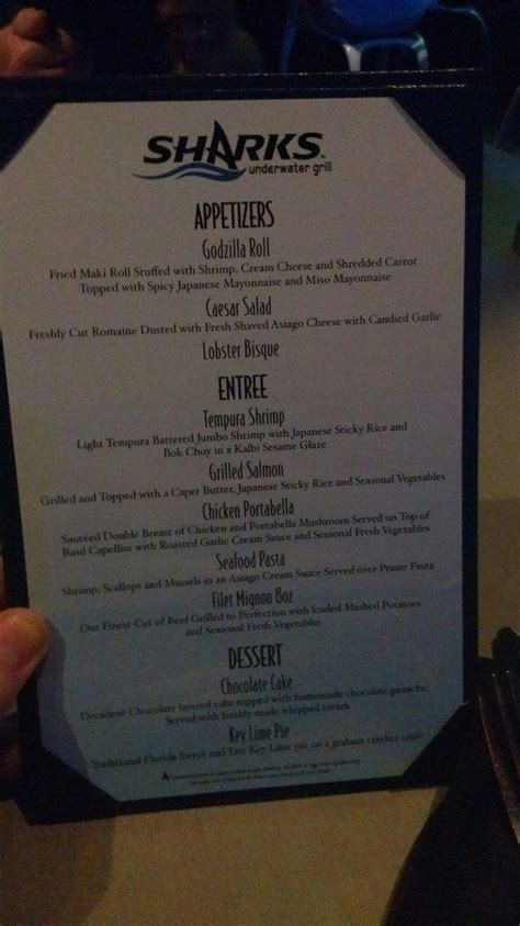 Menu at Sharks Underwater Grill pub & bar, Orlando