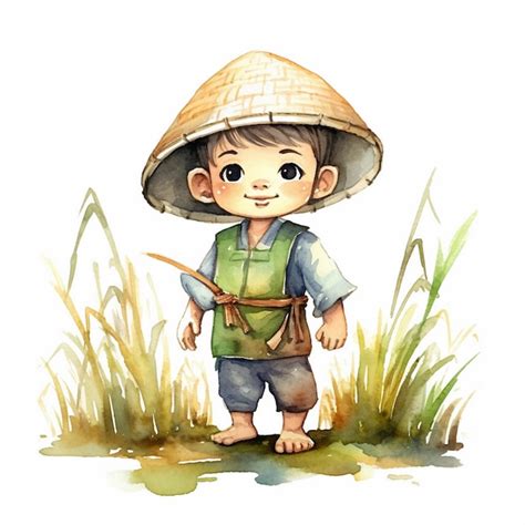 Premium Photo | Watercolor painting of a farmer in a rice field