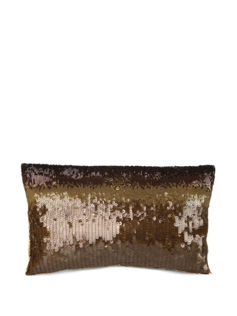 Pre-owned Prada Logo-lettering Sequinned Clutch Bag In Brown | ModeSens