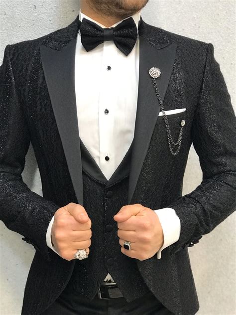 Ventura Black Slim Fit Patterned Peak Lapel Tuxedo - Bespoke Daily