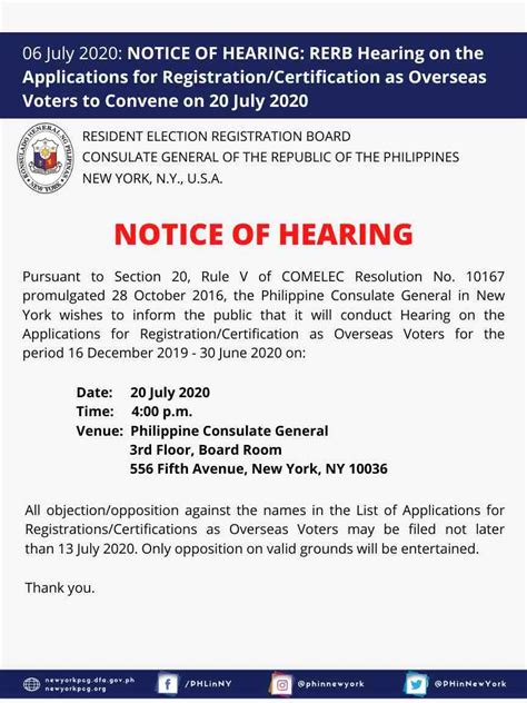 Notice of Hearing: RERB Hearing on the Applications for Registration/Certification as Overseas ...