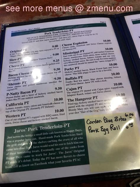 Menu at Tony Jaros River Garden pub & bar, Minneapolis