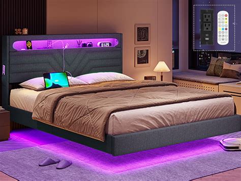 Queen Size Floating Bed Frame with USB Charging, LED Lights & Storage ...